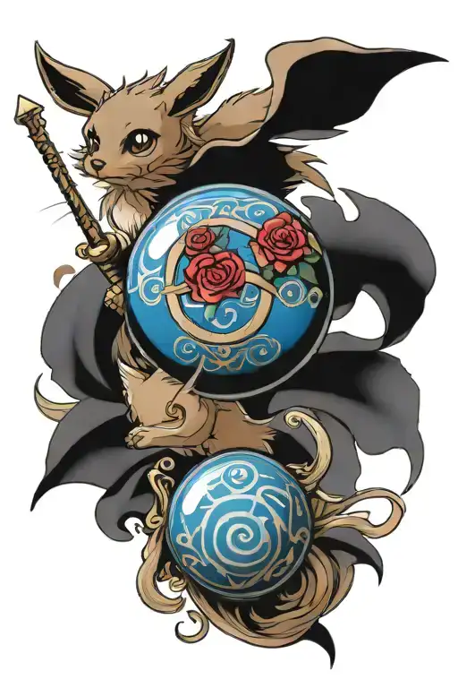 pokeball with eevee coming out magic winding up to a wand with Ravenclaw banner with magic twirling up to rose  tattoo design idea