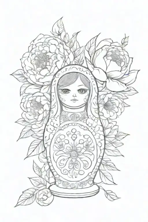 Russian doll and peony tattoo design idea
