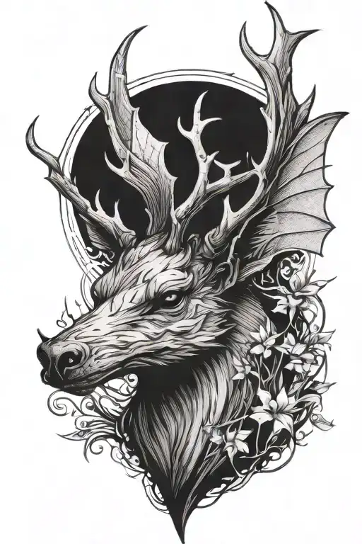 a large bat or bird-like creature, with a short feathered body, large wings and short deer-like antlers on its head. It  tattoo design idea