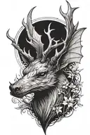 a large bat or bird-like creature, with a short feathered body, large wings and short deer-like antlers on its head. It  tattoo design idea
