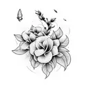 A blackwork design featuring a bookshelf filled with books, adorned with gardenia and honeysuckle flowers tattoo design idea
