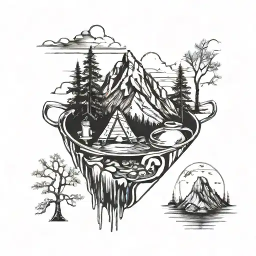 A tattoo design featuring a mountain landscape with hiking trails weaving through it, incorporating elements of cooking utensils like pots and pans subtly hidden in the scenery tattoo design idea