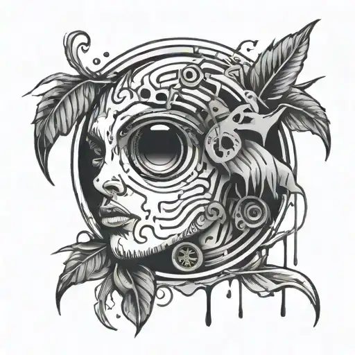 An abstract tattoo design of a broken vinyl record with a mix of lil peep, juice wrld, xxxtentacion, travis Scott face tattoo design idea