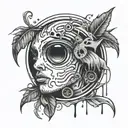 An abstract tattoo design of a broken vinyl record with a mix of lil peep, juice wrld, xxxtentacion, travis Scott face tattoo design idea