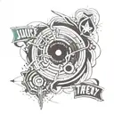 An abstract tattoo design of a broken vinyl record with a mix of lil peep, juice wrld, xxxtentacion, travis Scott face tattoo design idea