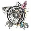 An abstract tattoo design of a broken vinyl record with a mix of lil peep, juice wrld, xxxtentacion, travis Scott face tattoo design idea