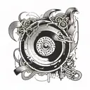 An abstract tattoo design of a broken vinyl record with a mix of lil peep, juice wrld, xxxtentacion, travis Scott face tattoo design idea