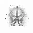 A dotwork tattoo of the Eiffel Tower surrounded by swirling adrenaline tattoo design idea