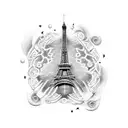 A dotwork tattoo of the Eiffel Tower surrounded by swirling adrenaline tattoo design idea