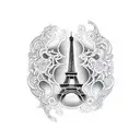 A dotwork tattoo of the Eiffel Tower surrounded by swirling adrenaline tattoo design idea