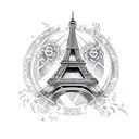 A dotwork tattoo of the Eiffel Tower surrounded by swirling adrenaline tattoo design idea