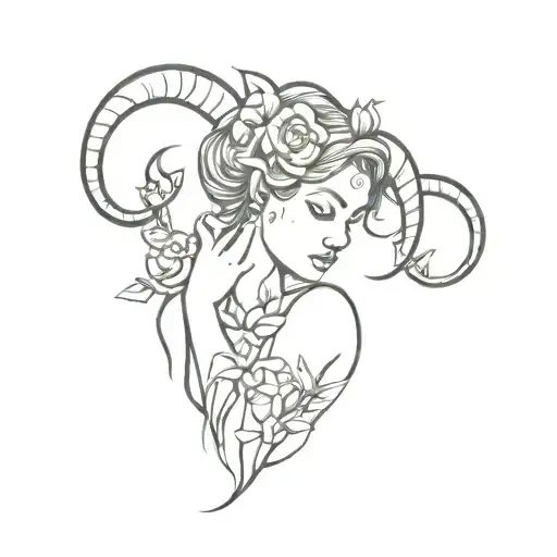 fairy with ram horns holding flower  tattoo design idea