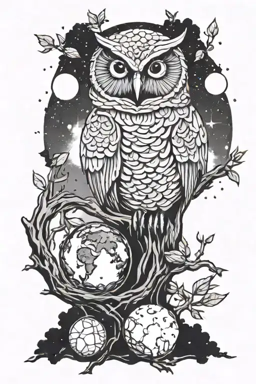 Tree grows out of planet earth into the universe. Planets and Sun around. An Owl on a branch of the tree. tattoo design idea