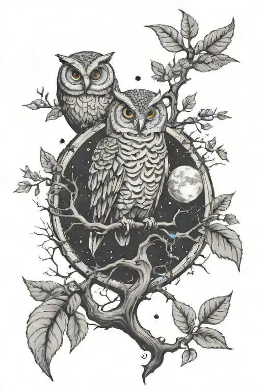 Huge Tree grows out of planet earth into the universe. tree reaches all Planets and Sun. small owl on a branch  tattoo design idea
