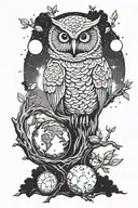 Tree grows out of planet earth into the universe. Planets and Sun around. An Owl on a branch of the tree. tattoo design idea