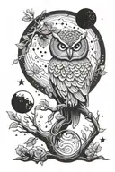 Tree grows out of planet earth into the universe. Planets and Sun around. An Owl on a branch of the tree. tattoo design idea