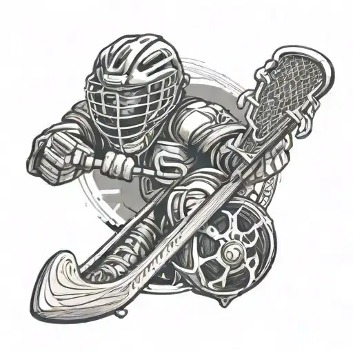 An intricate tattoo design featuring a mix of lacrosse and hockey gear, with PC gaming elements subtly incorporated in the background, reflecting your diverse interests tattoo design idea
