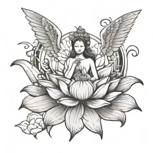 A sketch style tattoo of an angelic figure standing on a lotus flower, representing purity and enlightenment tattoo design idea