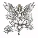 A sketch style tattoo of an angelic figure standing on a lotus flower, representing purity and enlightenment tattoo design idea