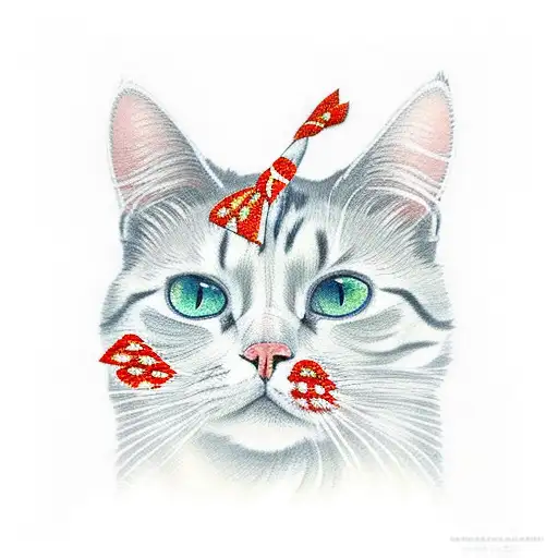 White and Orange Cat with a red and white tartan bowtie tattoo design idea