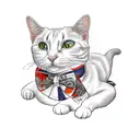 White and Orange Cat with a red and white tartan bowtie tattoo design idea