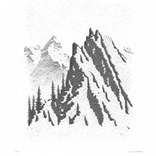 A dotwork design featuring a mountaineer's silhouette against a backdrop of snow-capped mountains tattoo design idea