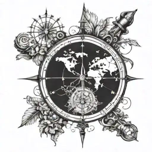 An intricate compass design with coordinates of significant family locations, such as birthplaces or favorite travel destinations tattoo design idea