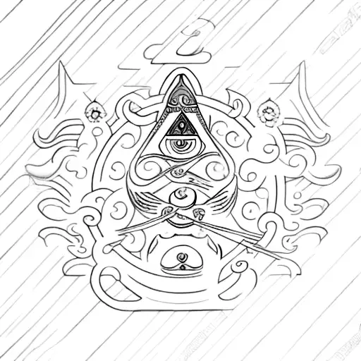 Aquarius sign with buddhist symbols, something from a dog and the letter R tattoo design idea