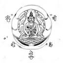 Aquarius sign with buddhist symbols, something from a dog and the letter R tattoo design idea