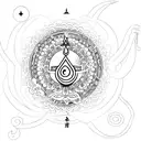 Aquarius sign with buddhist symbols, something from a dog and the letter R tattoo design idea