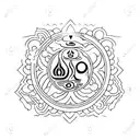 Aquarius sign with buddhist symbols, something from a dog and the letter R tattoo design idea