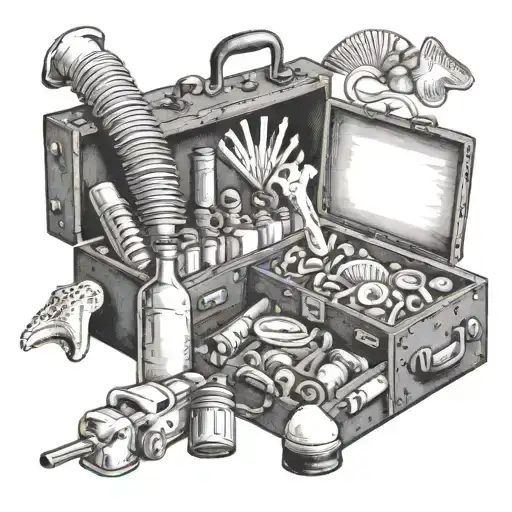 A mechanic's toolbox overflowing with travel souvenirs, harmonicas, and seashells, representing the client's passions and occupation tattoo design idea