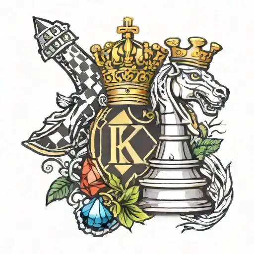 chess king with letter K letter with stones tattoo design idea