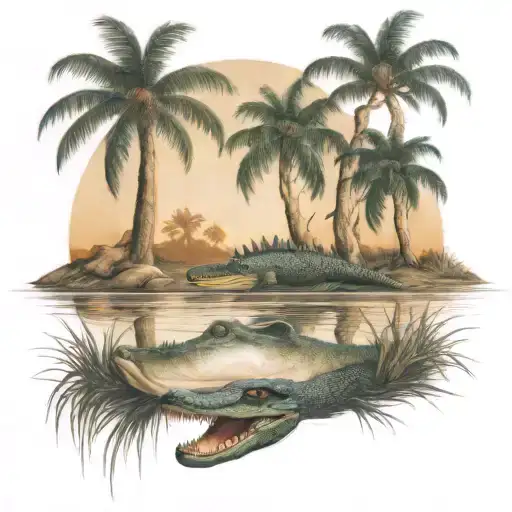 with live oak trees and alligator  tattoo design idea