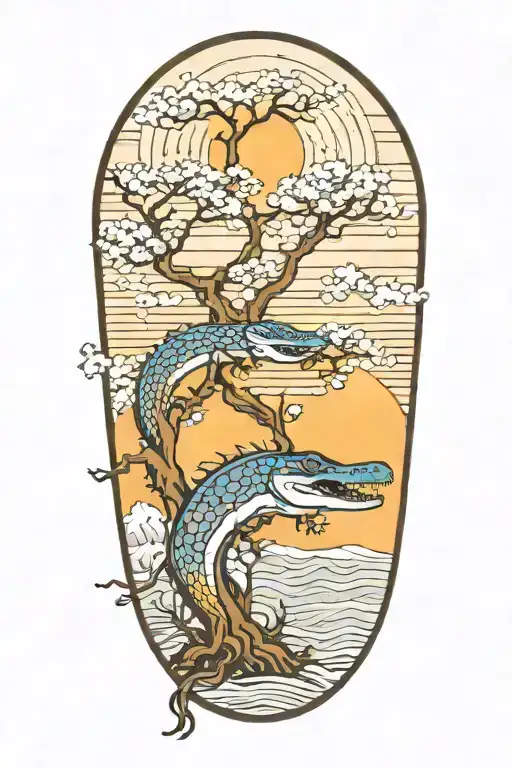 Wahoo Live Oak tree beach with alligator sun set tattoo design idea
