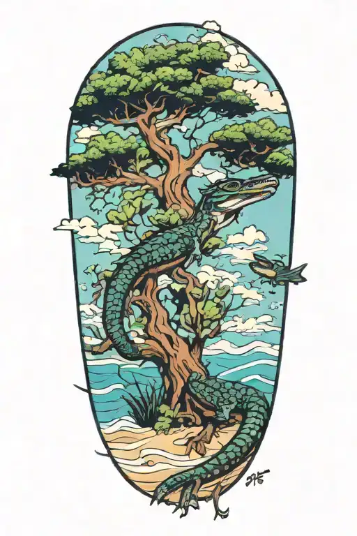Wahoo Live Oak tree beach with alligator beach tattoo design idea