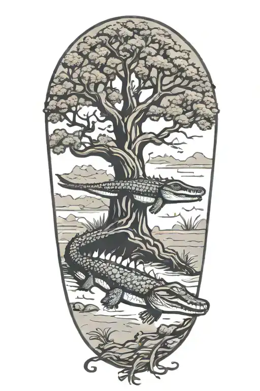 Wahoo Live Oak tree beach with alligator  tattoo design idea