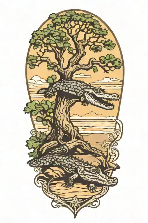 Wahoo Live Oak tree beach with alligator  tattoo design idea