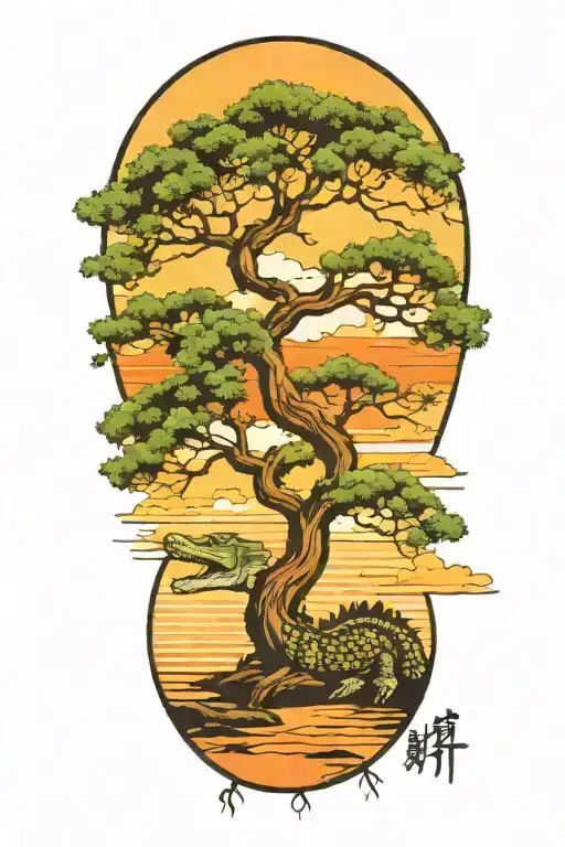Alligator beach live oak tree sunset tattoo design idea