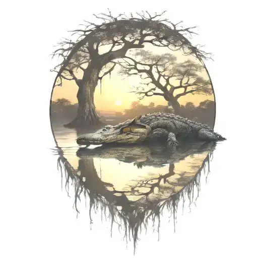 alligator in the water at sunset under a live oak tree with Spanish moss hanging tattoo design idea