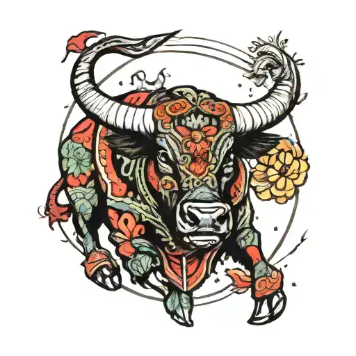 matador fighting bull with cactus arena tattoo design idea