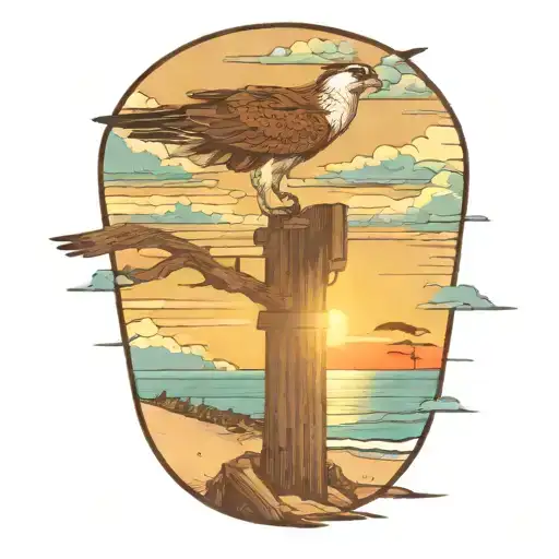 Osprey  over beach pier looking on sunset tattoo design idea