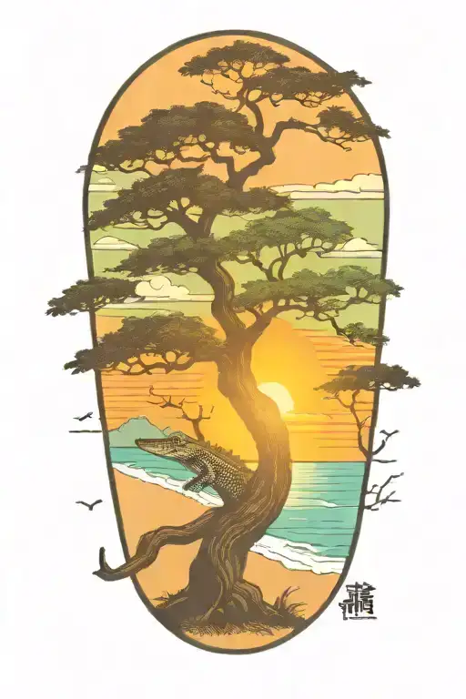 Alligator beach live oak tree sunset tattoo design idea