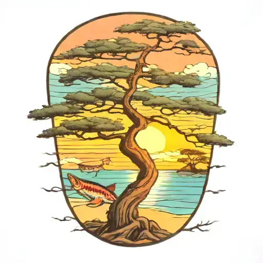  wahoo fish live oak tree sunset  tattoo design idea