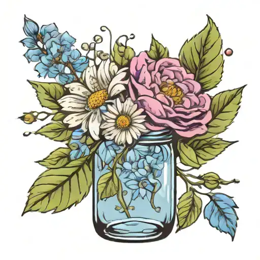 White daisy, red rose, lilac branch, peony, sunflower, and zinnia in a mason jar with crystal blue water tattoo design idea