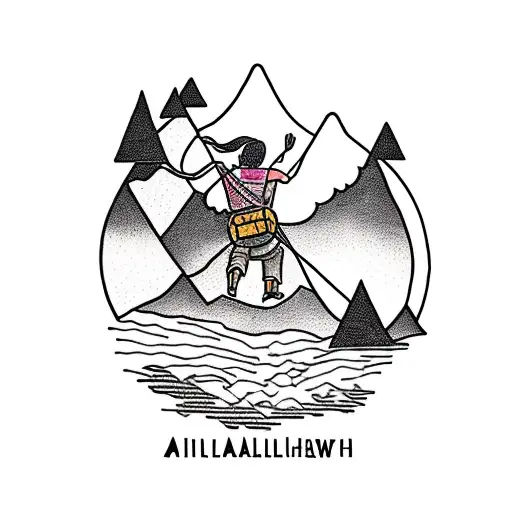 person climbing a steep mountain, with the name Athaliah below. On one side a microschip and on the other side an engine tattoo design idea