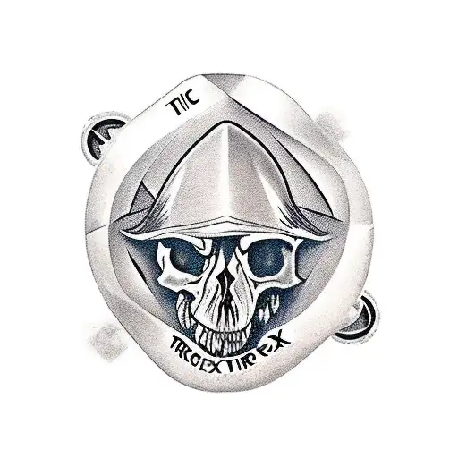 RISK BOARDGAME CARD WITH THE THREE FIGURES, DICES AND THE SKULL OF A T REX PIECE ON SHOULDER tattoo design idea