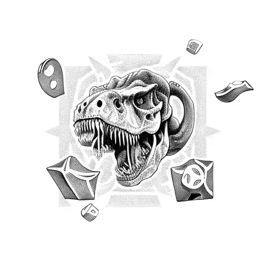 RISK BOARDGAME CARD WITH THE THREE FIGURES, DICES AND THE SKULL OF A T REX PIECE ON SHOULDER tattoo design idea