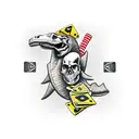 RISK BOARDGAME CARD WITH THE THREE FIGURES, DICES AND THE SKULL OF A T REX PIECE ON SHOULDER tattoo design idea