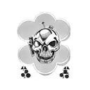 RISK BOARDGAME CARD WITH THE THREE FIGURES, DICES AND THE SKULL OF A T REX PIECE ON SHOULDER tattoo design idea